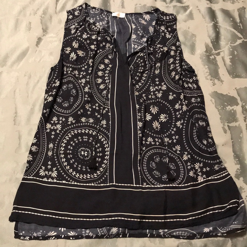 Ecru blue tank silky with tassels navy